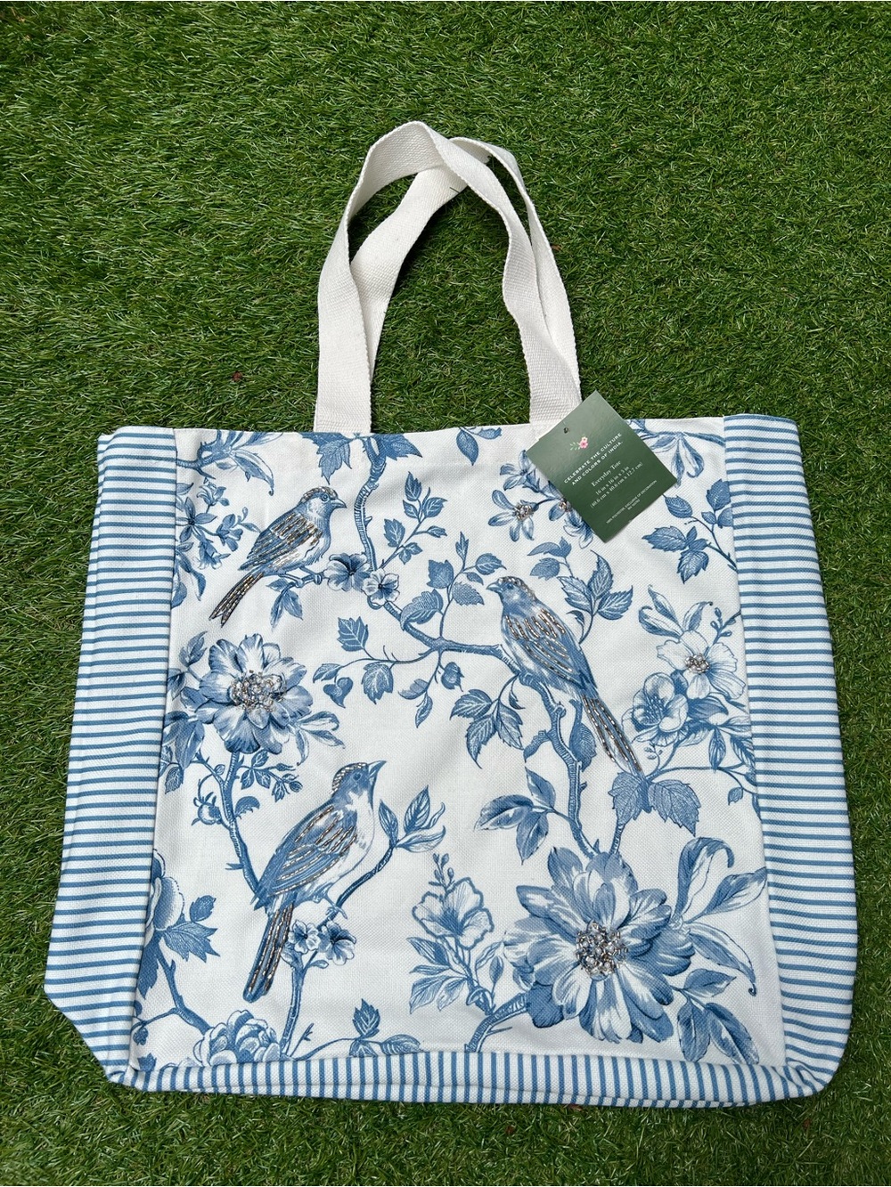 FLORAL BEADED BIRD TOILE CANVAS TOTE BAG